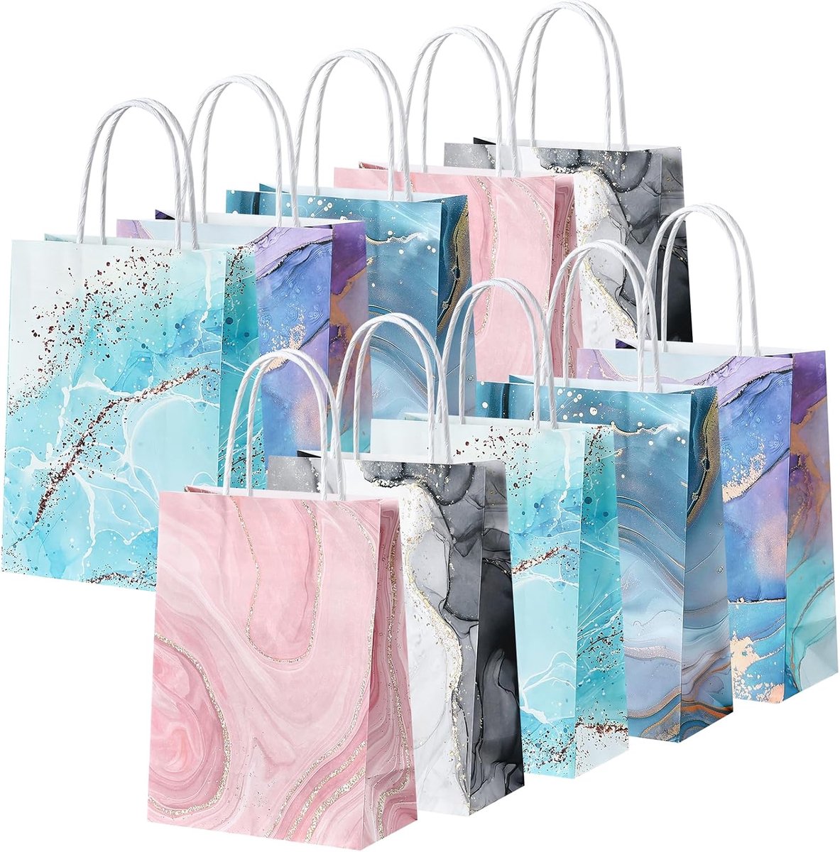 SnelShoppen - Papieren Zakjes met Handvat, 10 Stuks, Marmerpatroon, Kraftpapier Cadeautasjes, Geschikt voor Bruiloft, Verjaardag, Feestaccessoires in