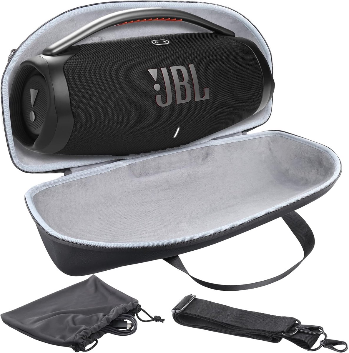 SnelShoppen - Hard Travel Case voor Bluetooth Speaker met Accessoire Pouch en Schouderband, Zwart met Grijs, Voor JBL Boombox 3 en 2, Modern Ontwerp
