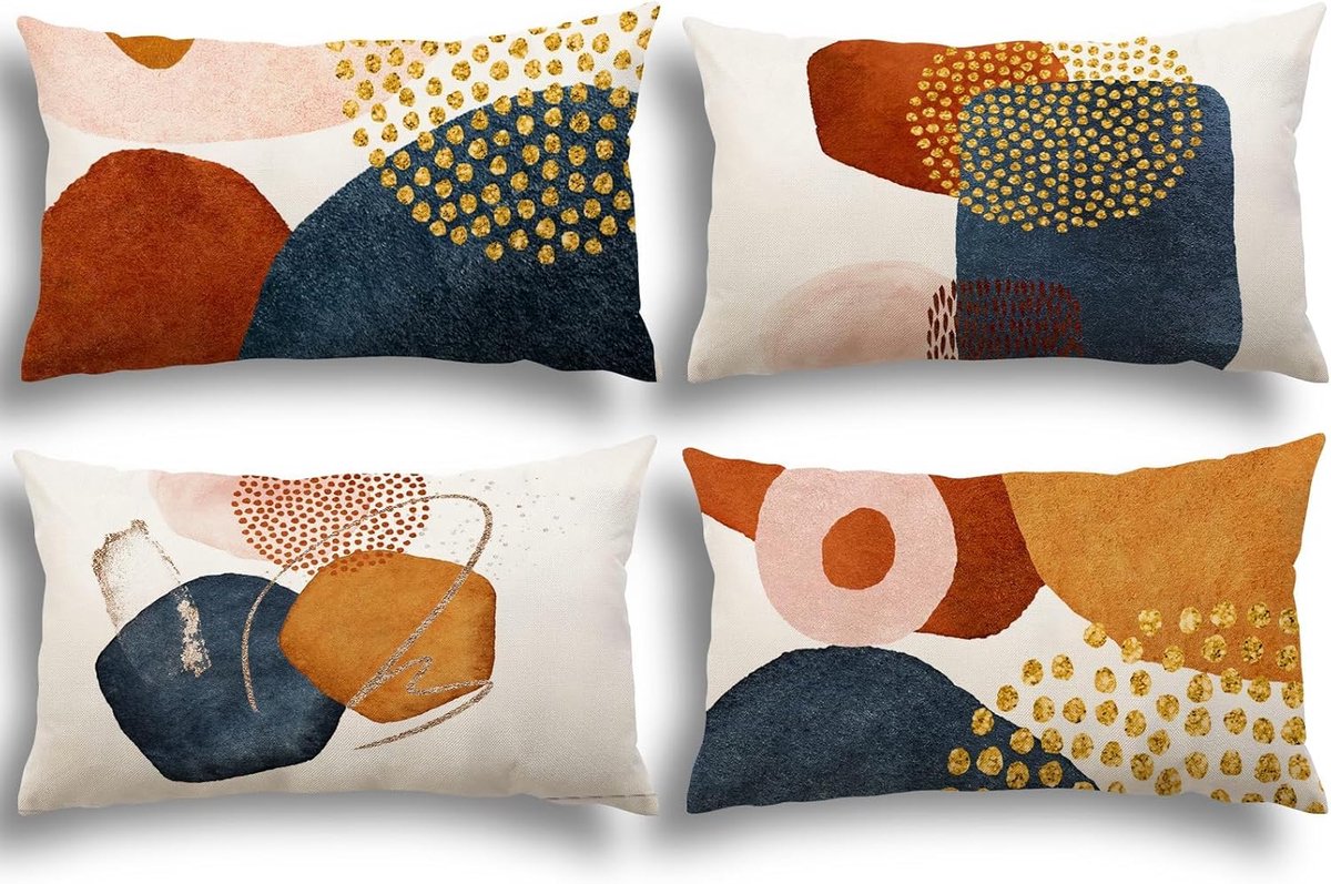 SnelShoppen - Set van 4 Decoratieve Kussenhoezen 30x50 cm, Leinen Kussenhuls, Moderne Boho Kussens met Abstracte Patronen voor Woonkamer, Slaapkamer,