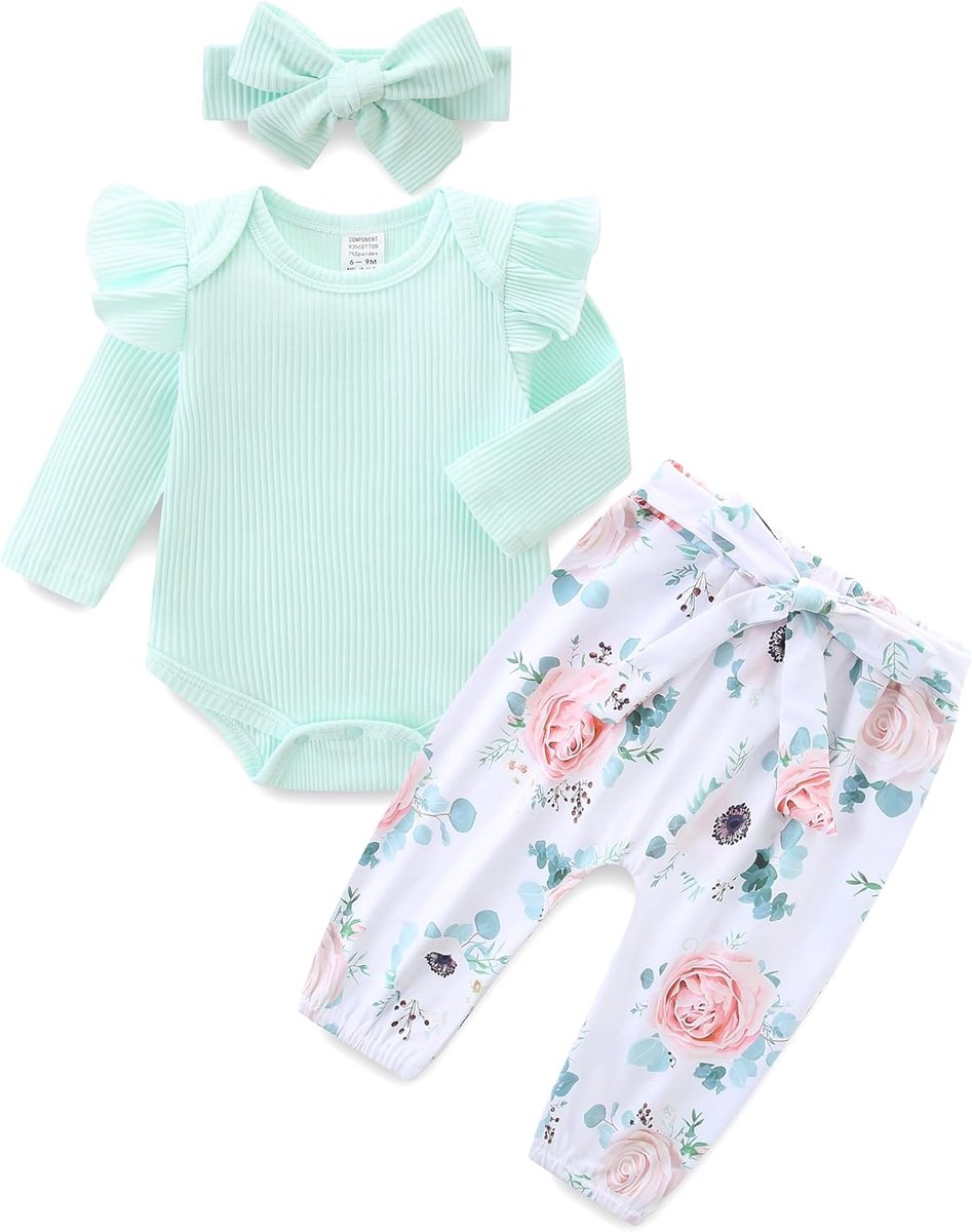 SnelShoppen - Baby Meisjes Kleding Set, Lange Mouwen Romper met Bloemen Broek en Haarband, Baby Outfit voor 3-6 Maanden, Zachte Katoen en Polyester, I