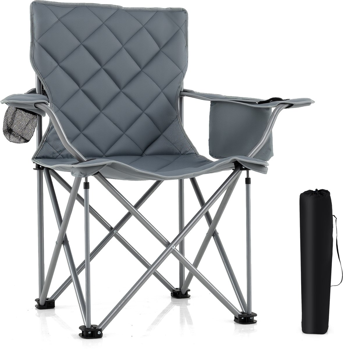 COSTWAY Campingstoel Opvouwbaar XXL 227KG Belastbaar, Klapstoel Gepolsterd, Buitengewone Hengelstoel met Koeltas & Drankhouder, Opvouwbare Stoel voor Kamperen, Picknick, Tuin, Strand (Grijs)