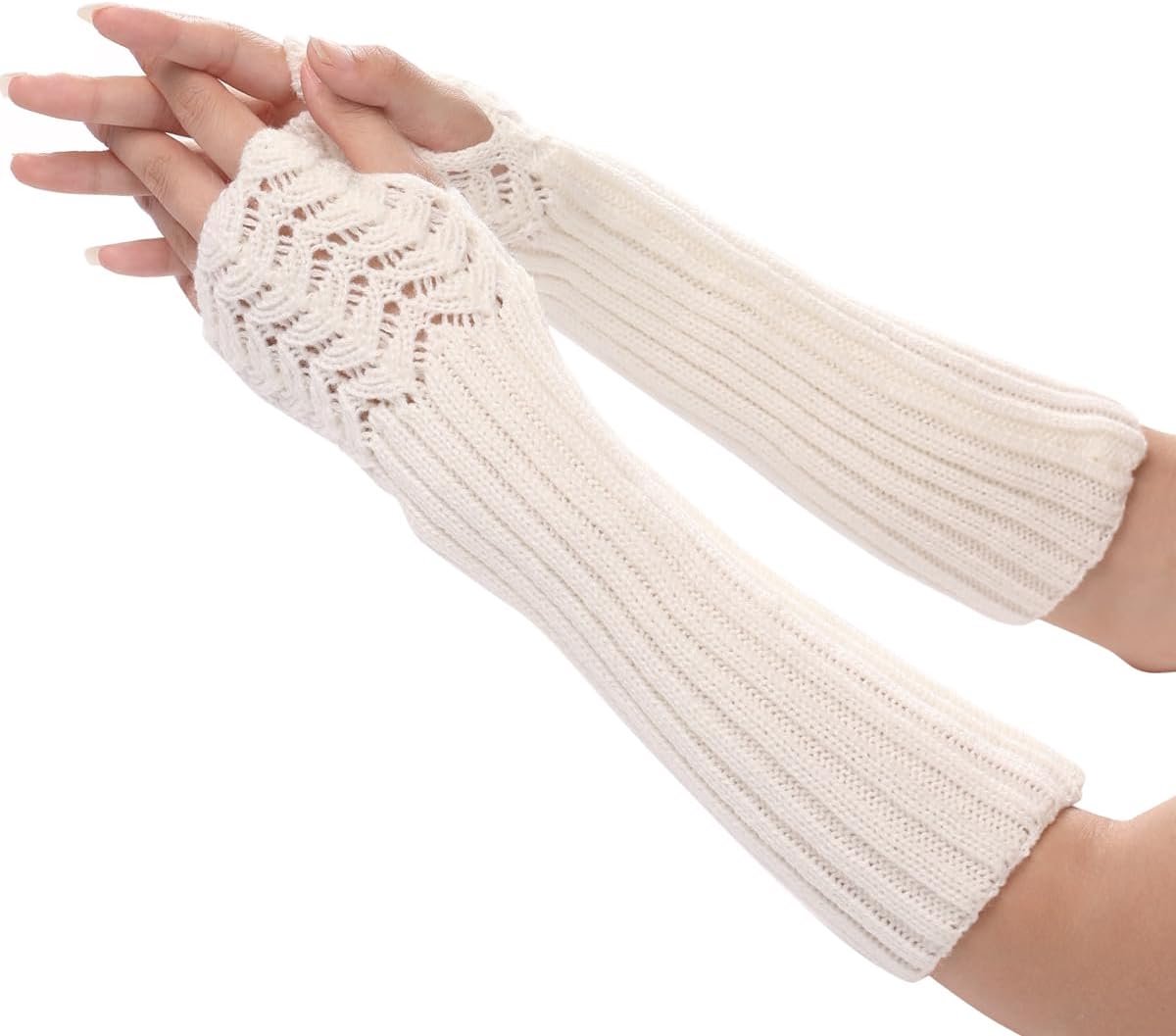 SnelShoppen - Handschoenen Dames Vingerloze Arm Warmers, Wit Schubben, One Size, Gebreid, Perfect voor Mobiele Apparaten, Winter, Buiten, Feest, Meisj