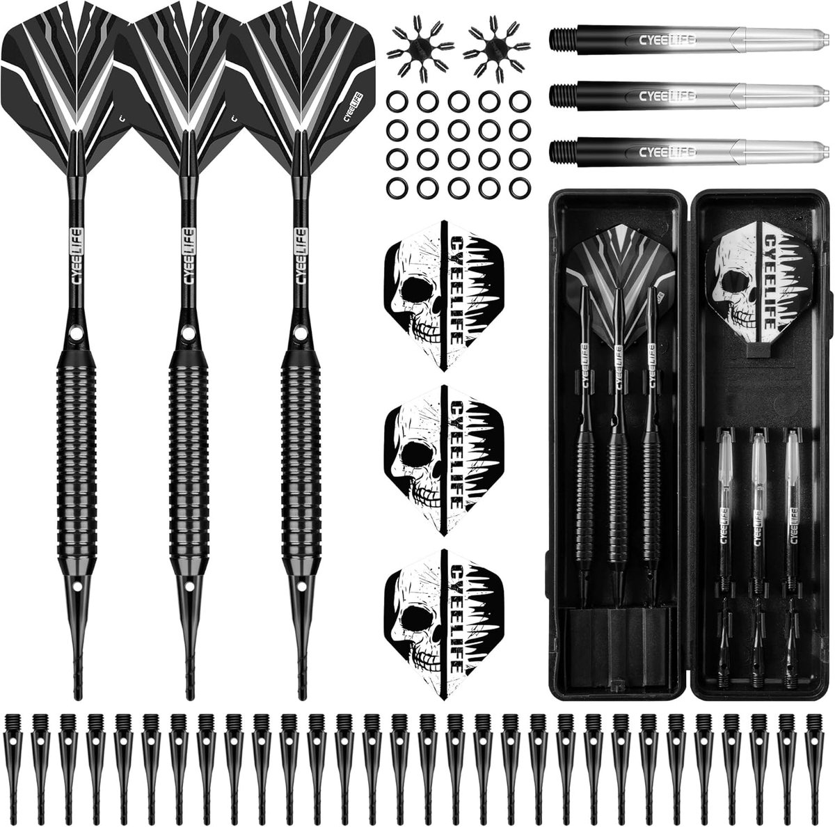 SnelShoppen - Professionele Softtip Dart Set met Opbergcase, 3 Zwarte Dart Vleugels, Extra Schachten en Vleugels voor Dartsport en Feest