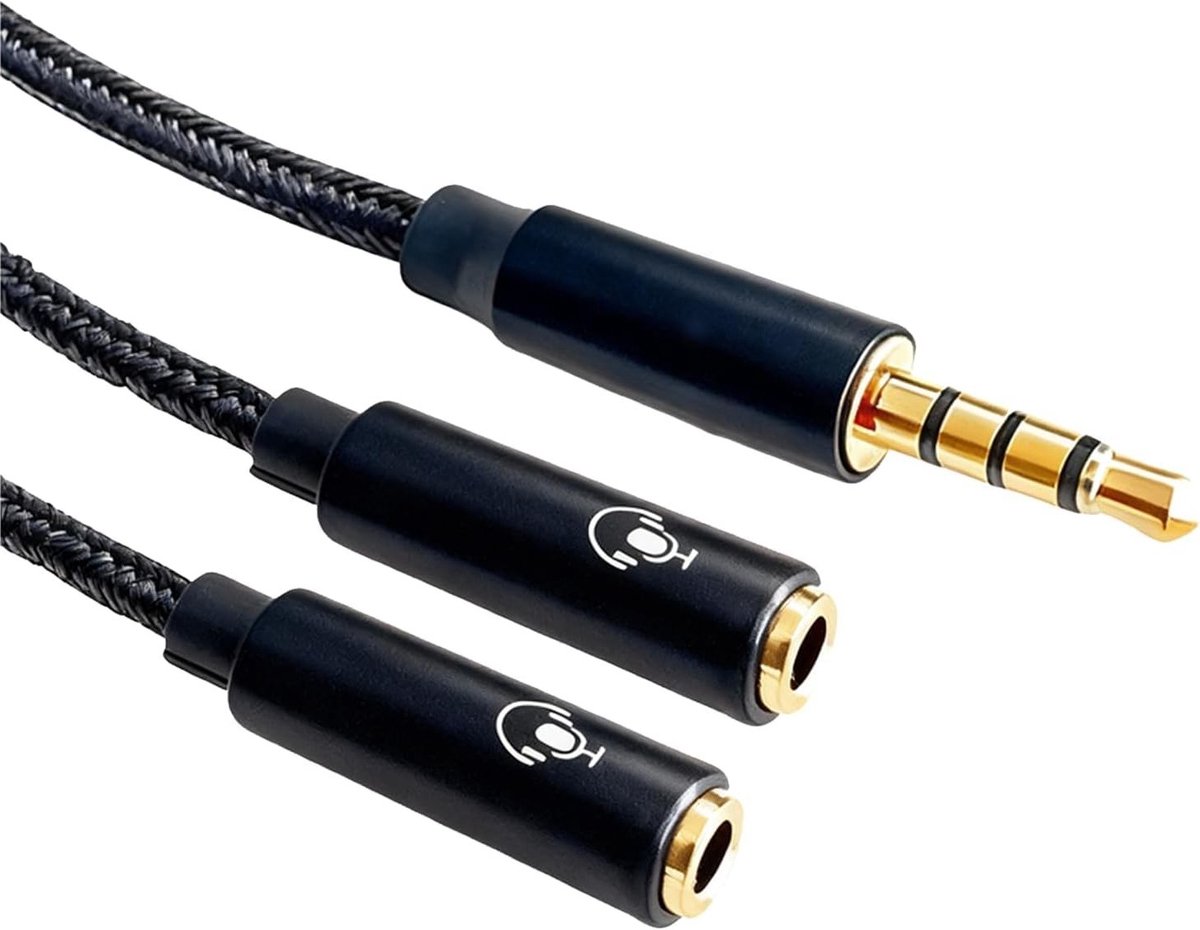 Y-adapter voor hoofdtelefoons, 3.5 mm kabel met 2 aansluitingen [35 cm] - ideaal voor smartphones, laptops, tablets en meer, zwart