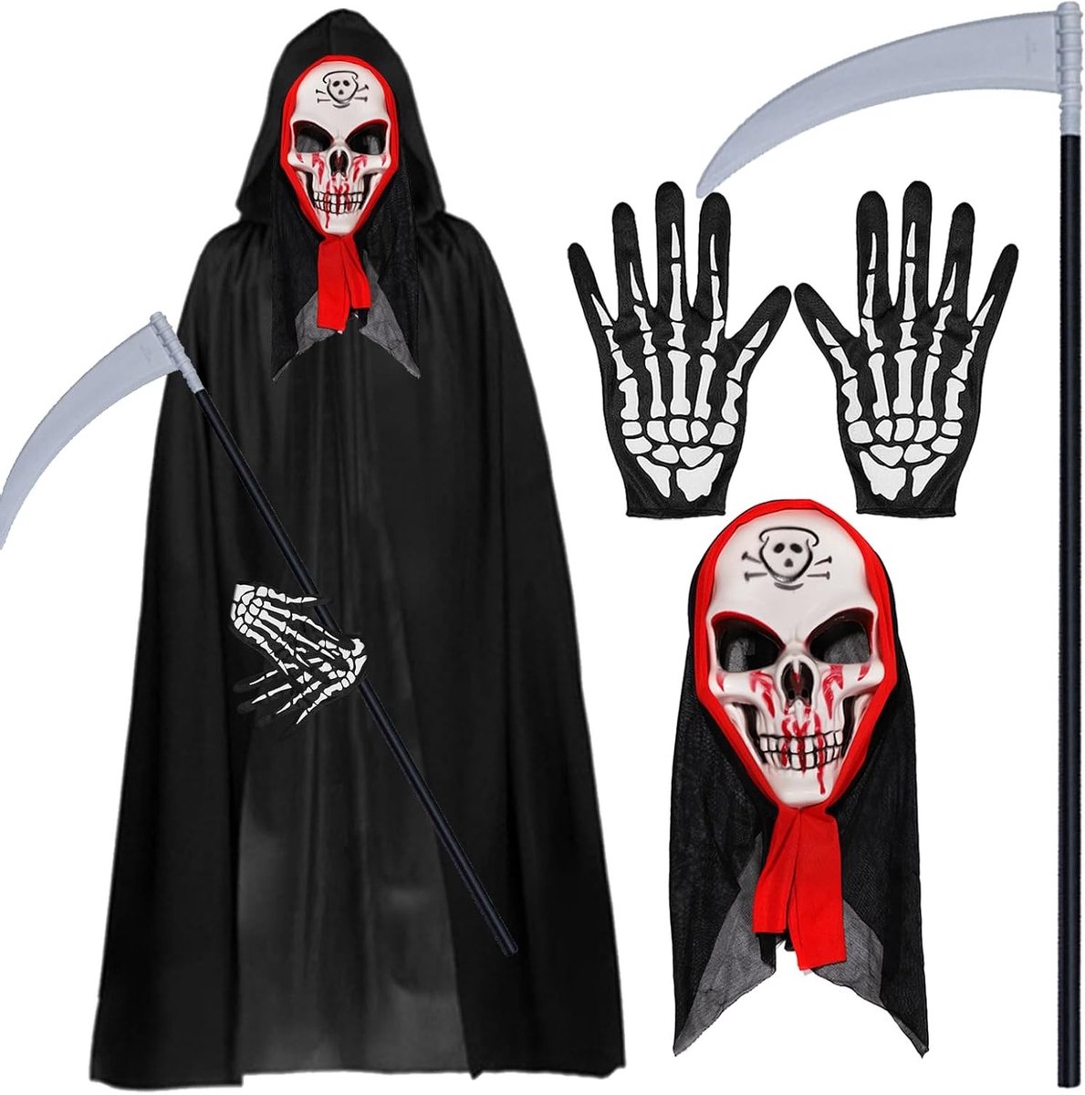 Griezelige Grim Reaper Volwassenen Kostuum met Skeletmasker, Handschoenen en Horror Accessoires voor Halloween en Cosplay
