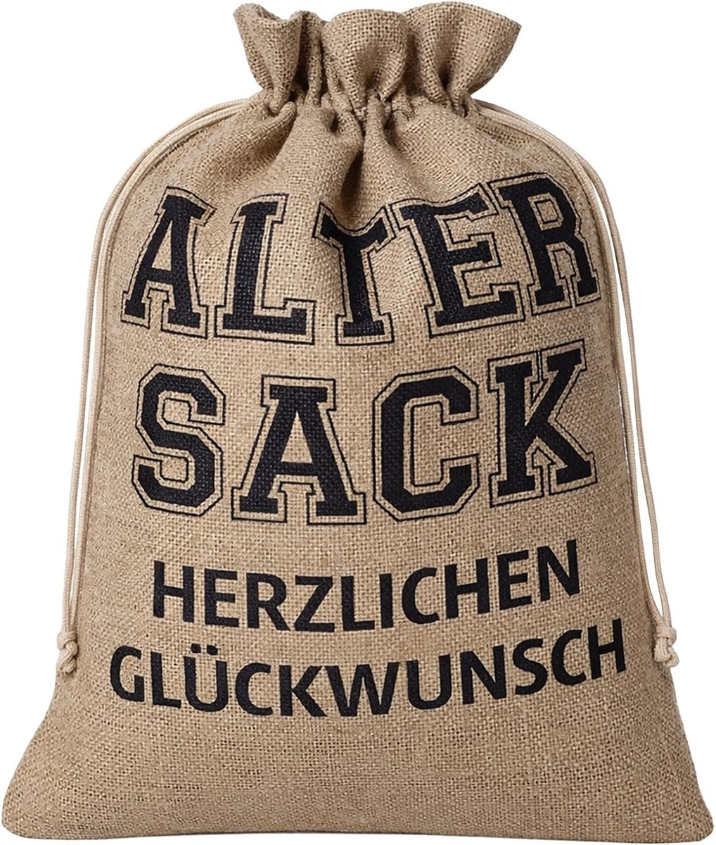 SnelShoppen - Jute Gift Bag 40x30cm voor Mannen, Verjaardag, Jubileum, Grappige Cadeauverpakking, Katoenen Touwsluiting, Gefeliciteerd Oude Zak