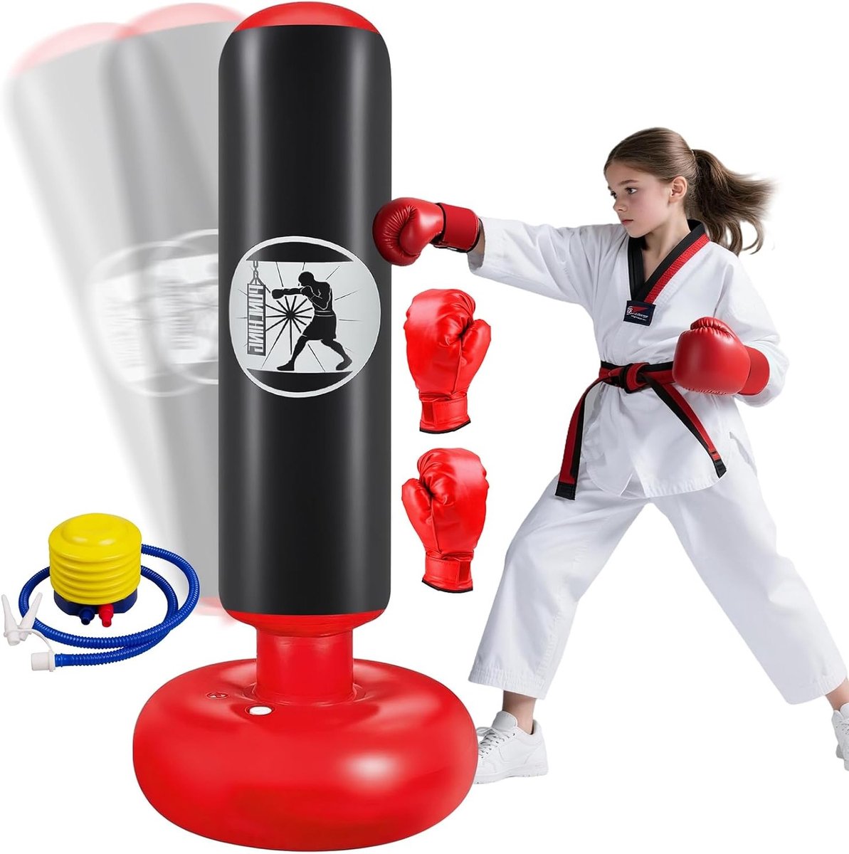 Punching Bag voor Kinderen van 6 tot 12 Jaar, 160 cm, Stabiele Opblaasbare Bokszak met Bokshandschoenen, Taekwondo en Karate Training, Perfect Cadeau voor Jongens en Meisjes
