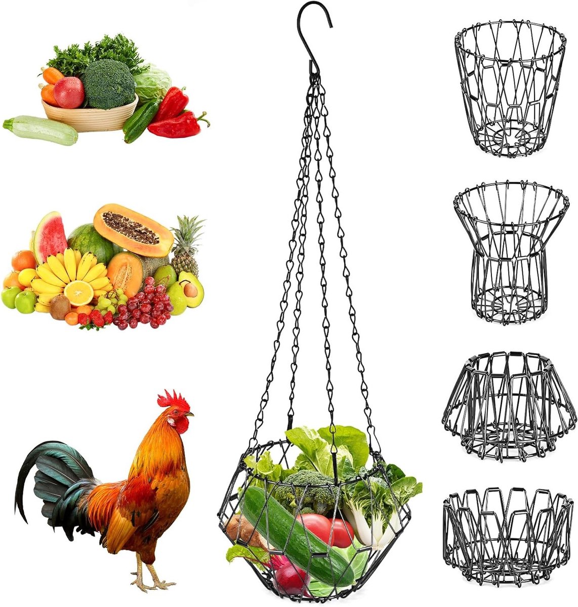 Vouwbare Voederdispenser voor Kippen en Groenten, 40 cm, Grote Speelgoed Voederhouder met 4 Hangkettingen, Veilig voor Ratten en Ideaal voor Tuin en Boerderij
