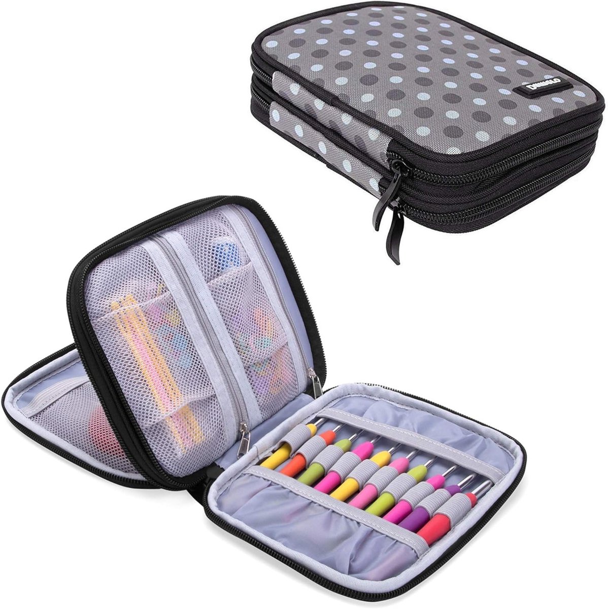 Haaknaalden Organizer Tas met Rits en Webvakken voor Haaknaalden en Breiaccessoires, Compact en Handzaam, Grijze Puntjes