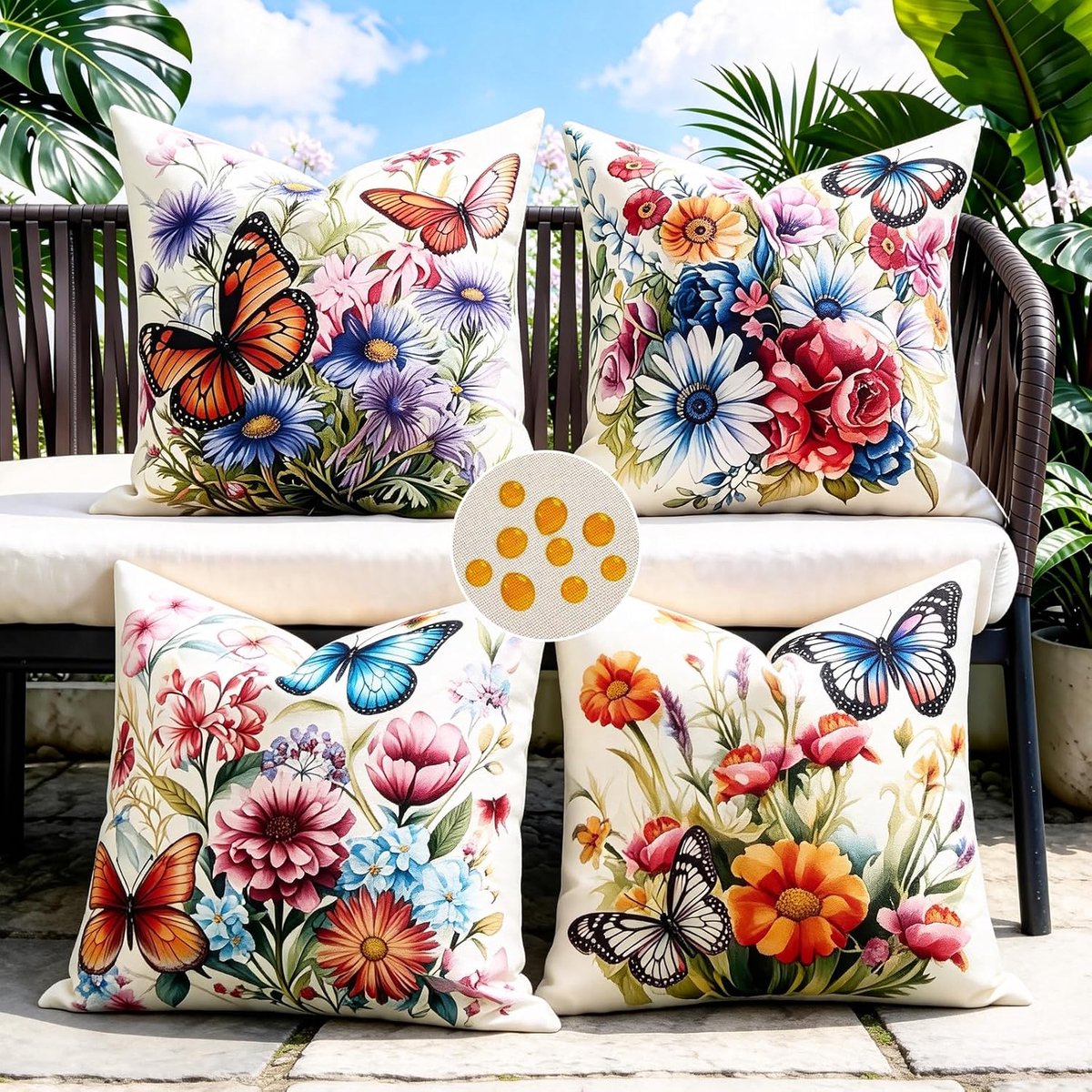 SnelShoppen - Decoratieve Kussenslopen 40x40 cm, Waterdichte Kussenhoezen, Set van 4, Roze Rozen, Bloemen en Vlinders voor Buiten, Tuin, Balkon, Auto,