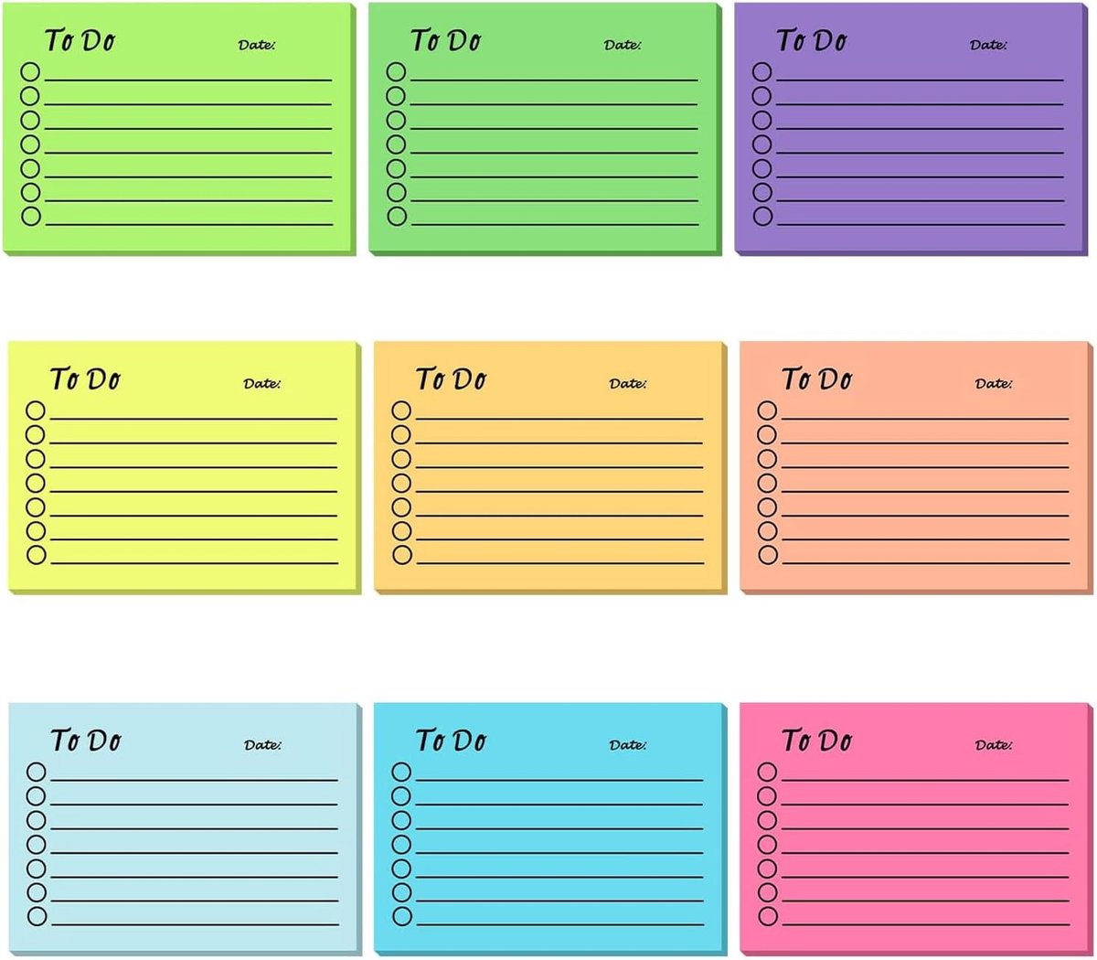 SnelShoppen - 450 Zelfklevende Notities - 9 Blokken To Do Lijst - Sticky Notepad voor Planner, Herinnering - Kantoor, Thuis, School - 9 Kleuren, 7x10