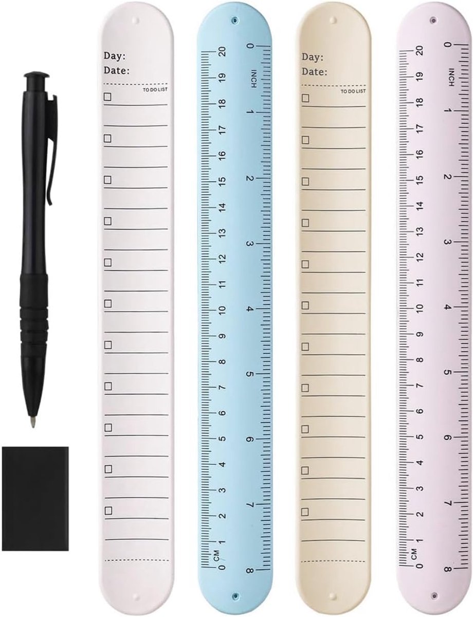 SnelShoppen - 4 Stuks Silicone Notitiebanden - Erasable To Do List Polsband met Pen, Gum en Liniaal - Ideaal voor Kinderen en Volwassenen - 238x30mm