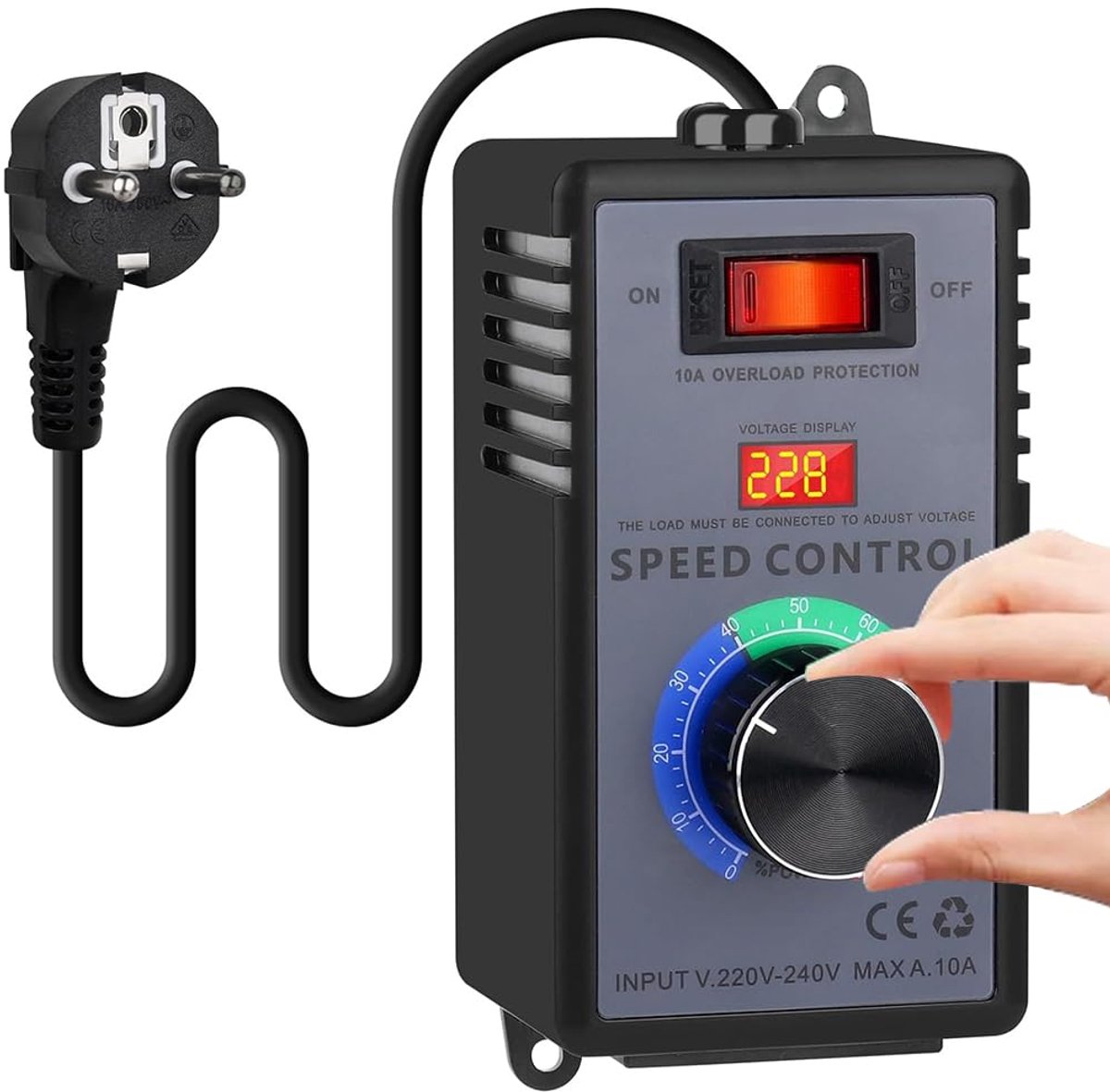 SnelShoppen - Speed Regulator 230V, Vermogensregelaar 10A 4000W, Dimmer met Overload Bescherming voor Motoren, Hoekslijpers, Blazers, EU Stekker