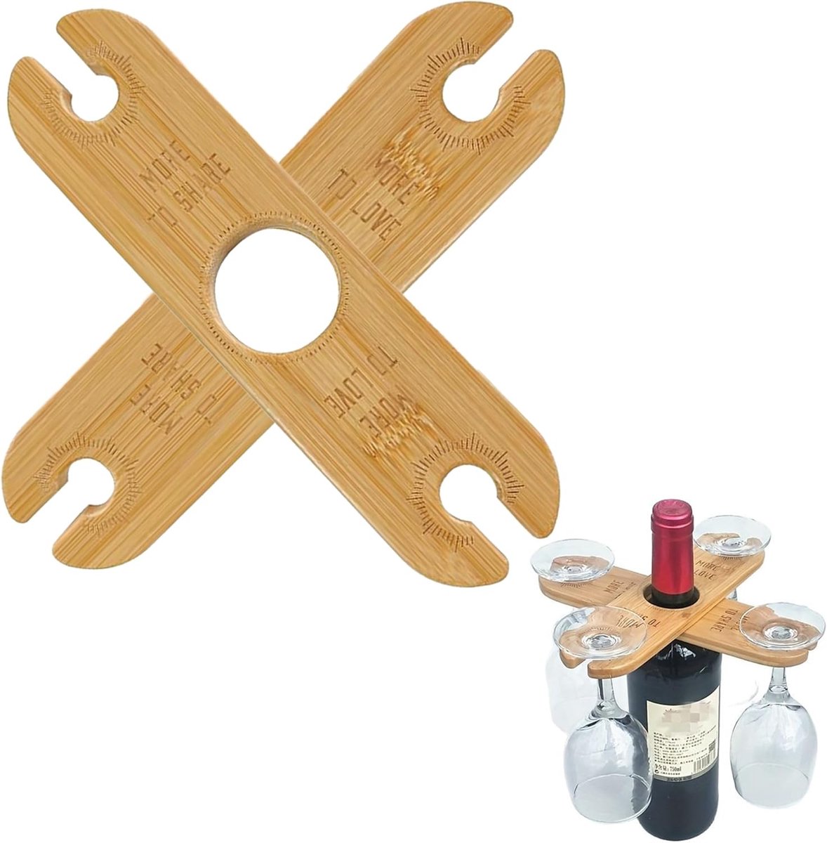 SnelShoppen - Set van 2 Houten Wijnfleshouders en Glazen - Bamboe Wijnhouder voor 4 Glazen - Ideaal voor Feesten, Tuin, Camping, Keuken