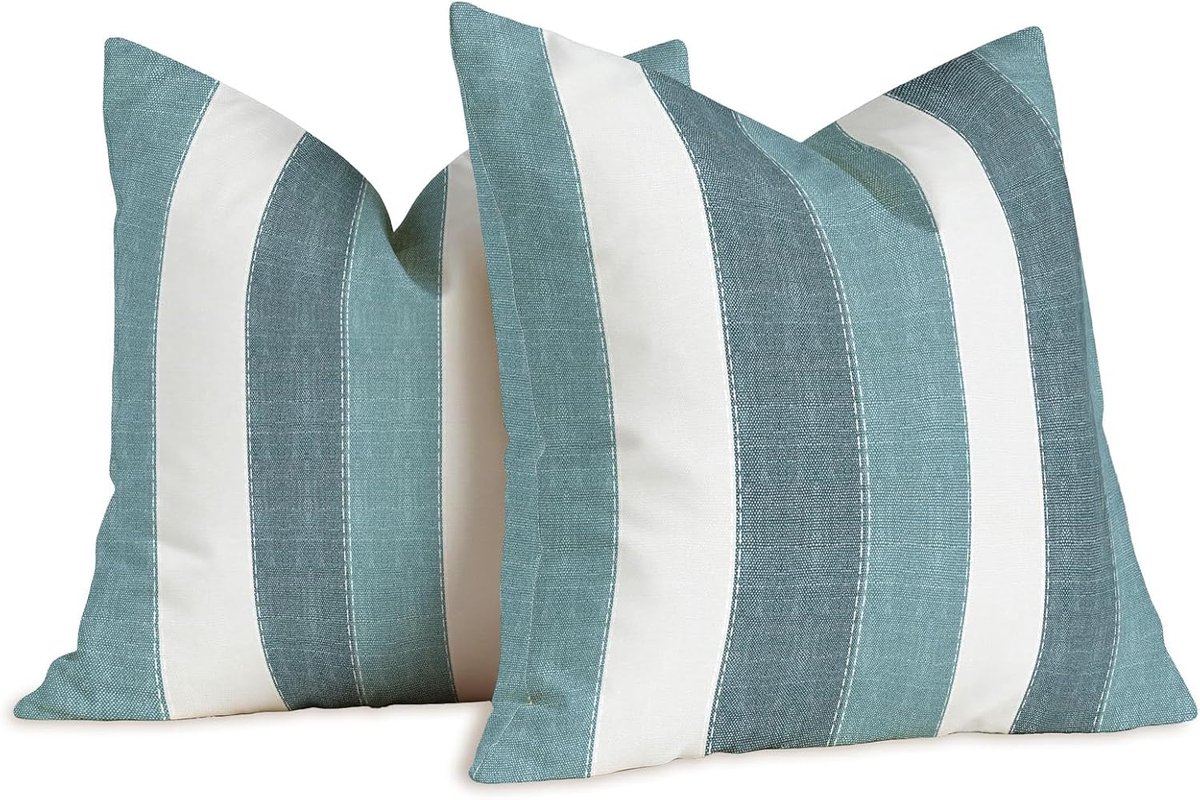 SnelShoppen - 2 Stripes Decoratieve Kussenhoezen 40 x 40 cm Modern Wit Turquoise Groene Linnen Retro Kussenhoezen voor Bank, Tuin, Buiten, Woonkamer