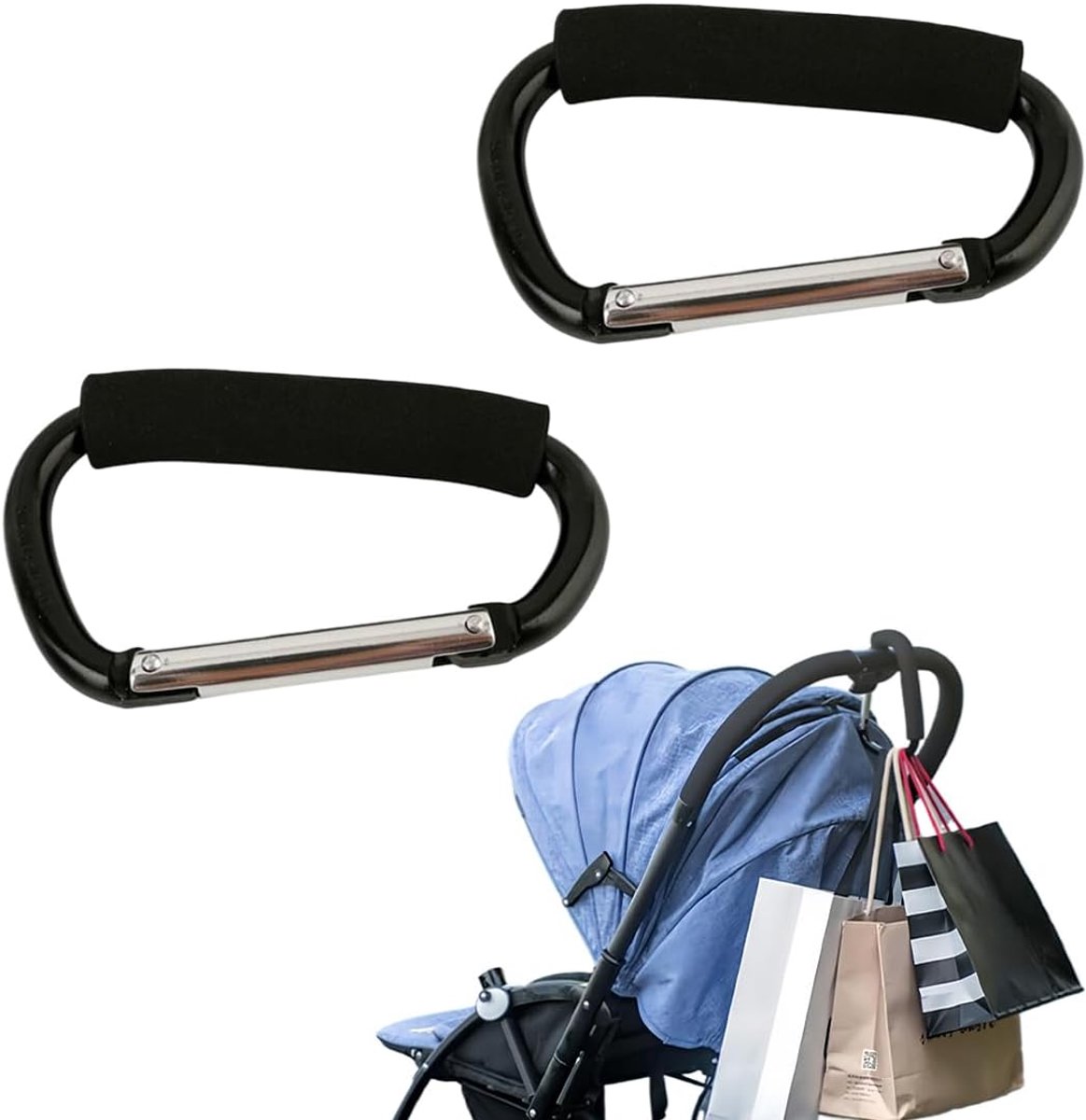 SnelShoppen - 2 x Grote Zwarte Snap Hooks voor Winkel- en Opbergtassen, Paraplu's, Buggy's - Aluminium Legering, Handzaam, 13.5 x 8 cm, Ideaal voor Ki