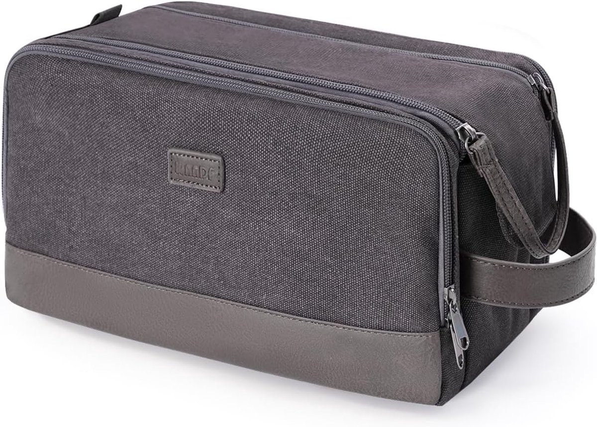 SnelShoppen - Toilettas voor Mannen, Reis Toiletry Bag, Canvas & Leer, Waterdichte Scheeraccessoires, Grijs, Dubbele Rits, Droog en Nat Scheiden