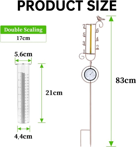 lalago Rain Gauge, Metal Garden Bird Rain Gauge with Thermometer, Outdoor Rain Gauge, Rain Tube, Glass Rain Gauge for Lawn, Courtyard, Garden Decoration van Merkloos	 — afbeelding 3