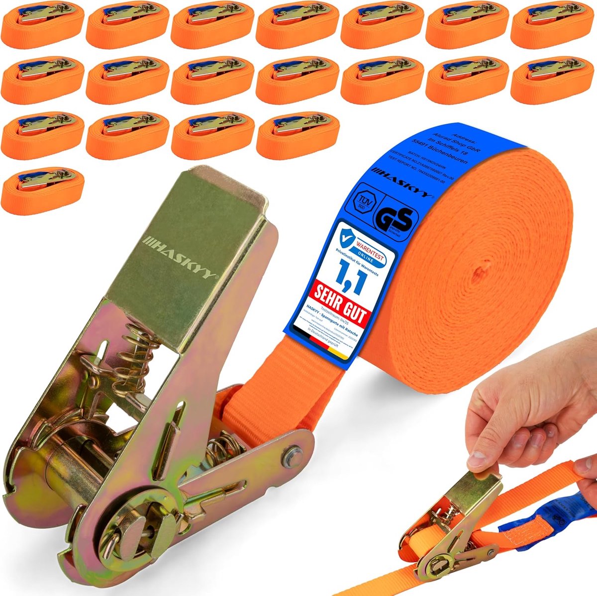 Spanbanden met ratel - Sjorbanden bevestigingsriem - Lading zekeren - TÜV-gecertificeerd - 5m x 27mm - Oranje