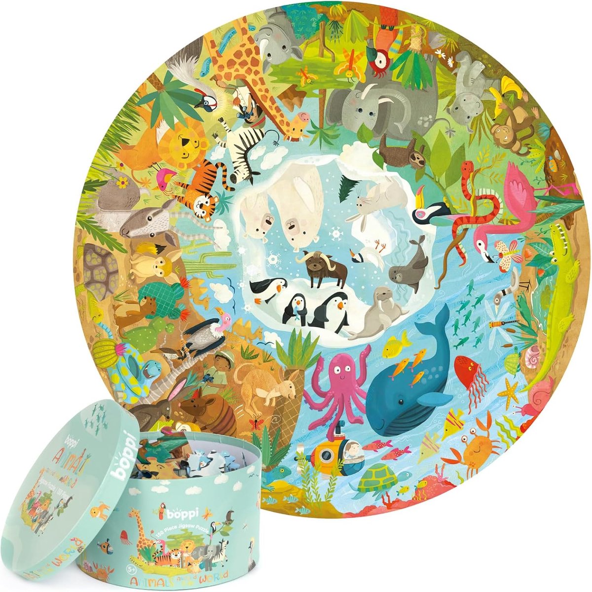 SnelShoppen - Rond Puzzel 150 Stukjes Dieren Over De Wereld - 100% Gerecycled Karton - Kinderen 3-8 Jaar - 58 cm Diameter - Jungle, Woestijn, Oceaan,