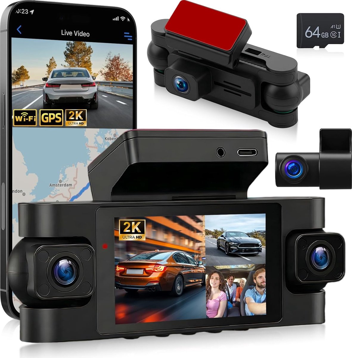 SnelShoppen - 4 Lens Dashcam 2K met Wi-Fi, GPS, 360° Opname, Nachtzicht, G-Sensor, Loop Recording + 64GB TF Card voor Auto, Voertuig en Rides