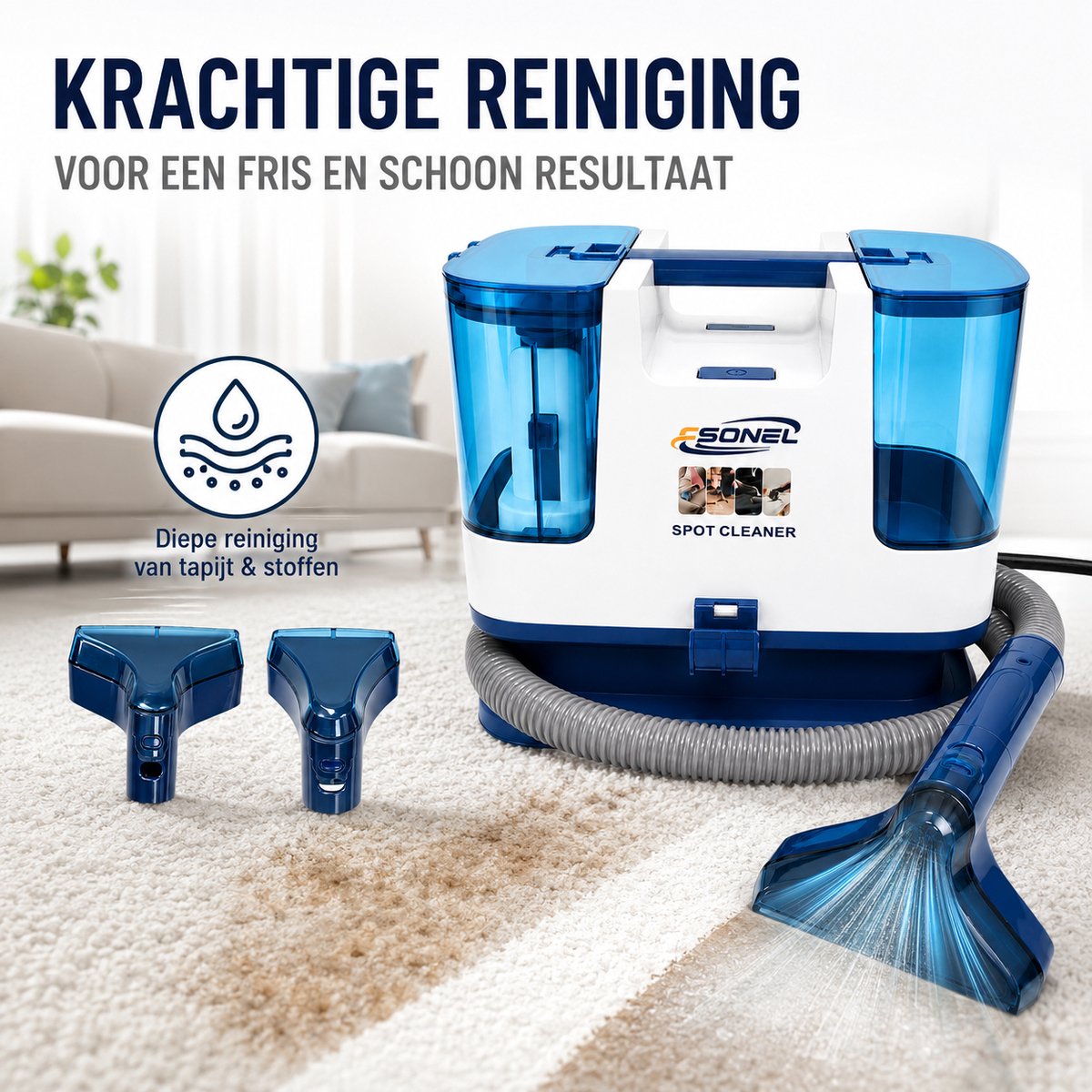 Tapijtreiniger / Vlekkenreiniger / Bekledingsreiniger – Elektrische Carpet Cleaner met 5m Snoer–2-in-1 Spray & Zuig – Incl. Brede Zuigmond, Smalle Zuigmond & 1,3m Flexibele Slang – Voor Tapijt, Bekleding, Auto, Trap & Bank–Krachtige Vlekverwijderaar