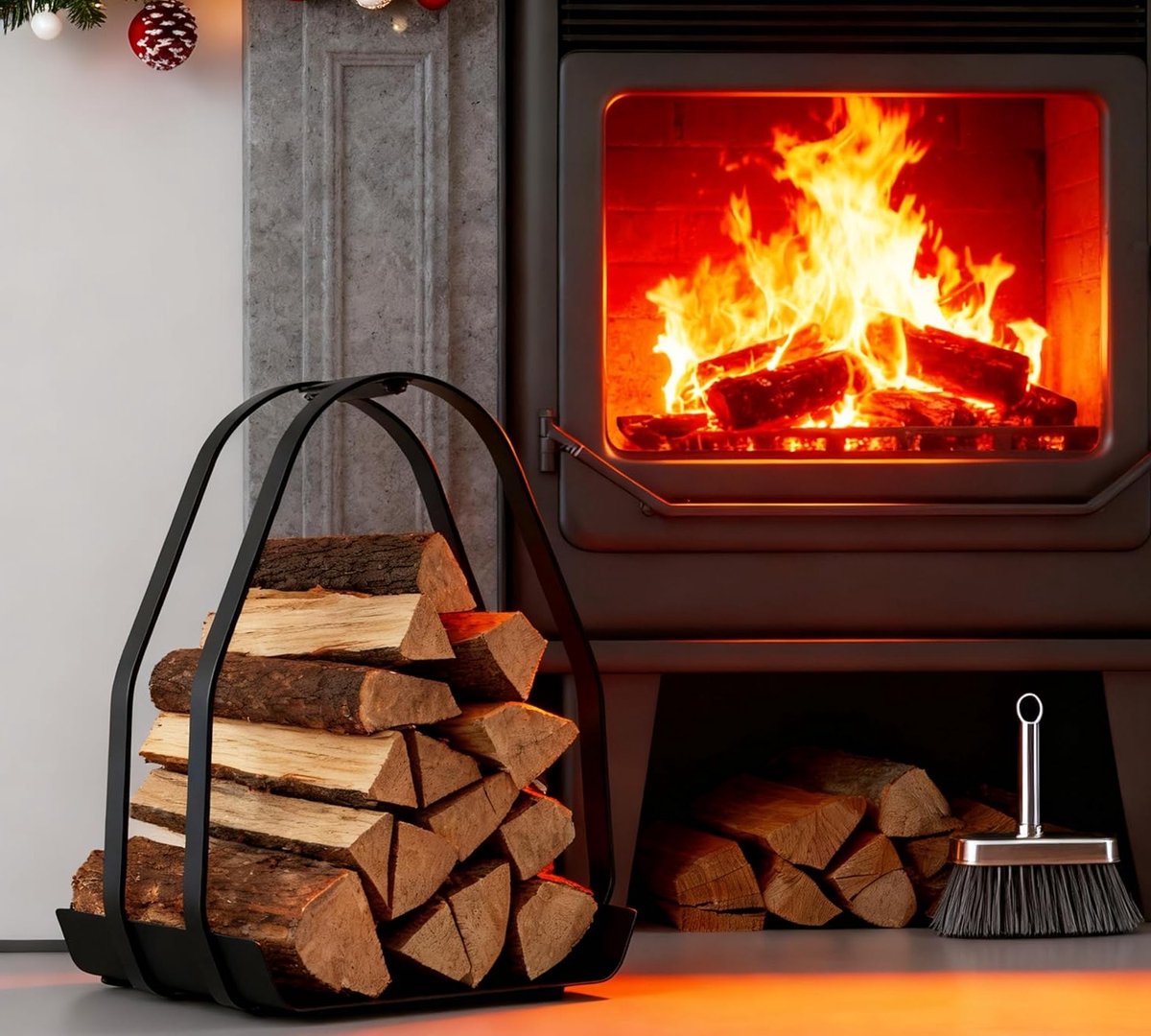 Houten Haardmand van Zwart Gecoat Metaal met Handvat, Ideaal voor Haardhout, 36×35×48cm, Stevige IJzeren Constructie, Eenvoudig te Monteren