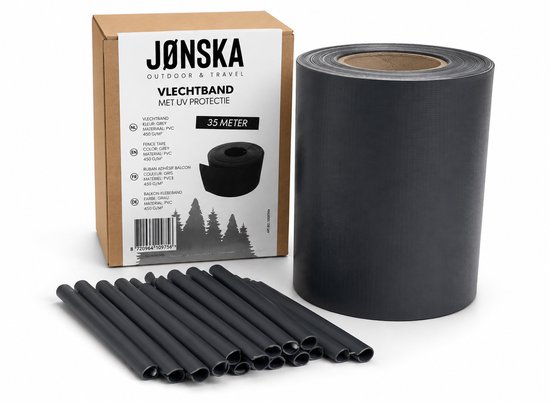 Antraciet vlechtband rol van 35 meter met montagebuisjes, verpakt in JONSKA doos.