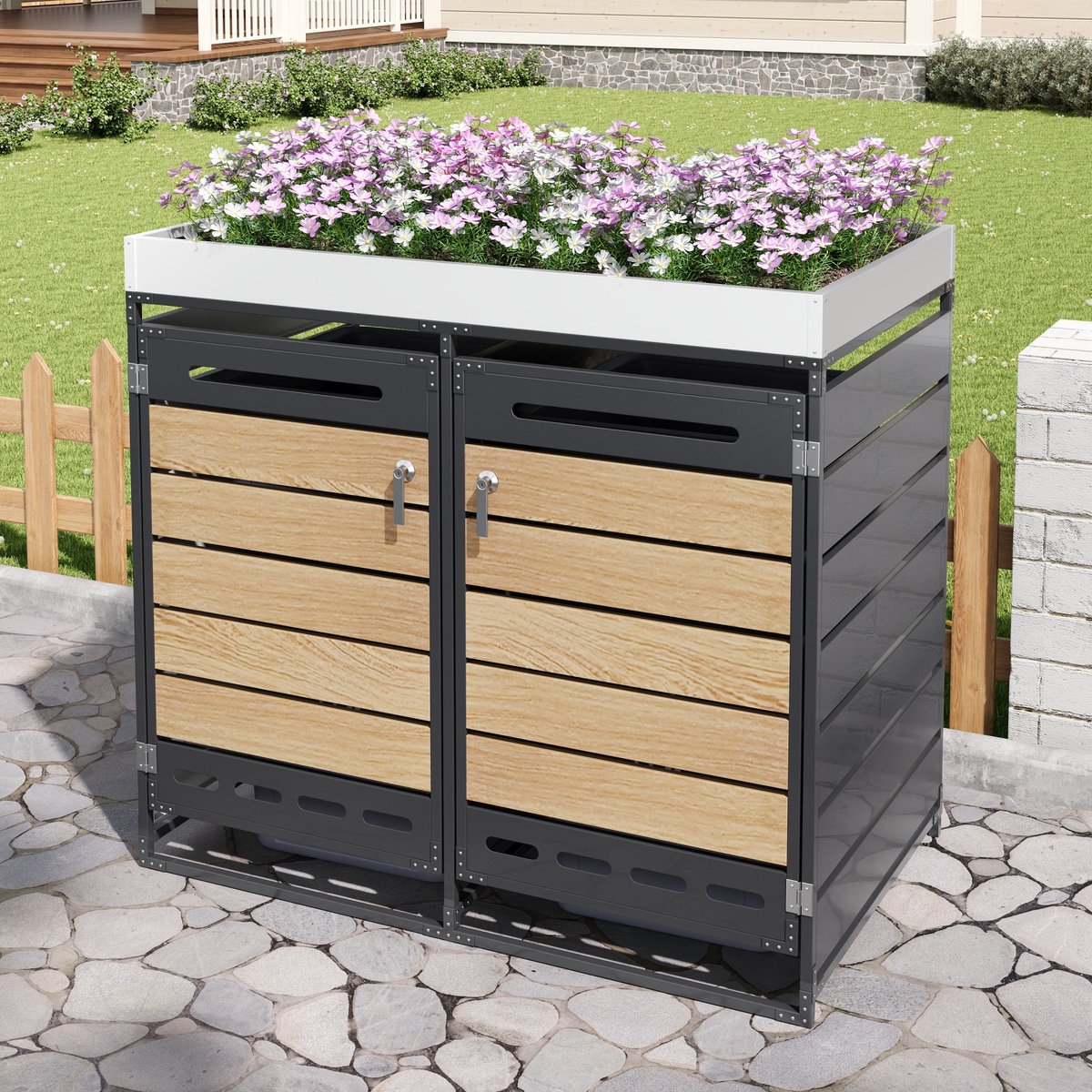 FloraGrace Containerberging – 131 x 79 x 120 cm – Met Geintegreerde Plantenbak En 2 Vakken – Metaal Met Houtlook – Zwart – Voor Tuin En Terras