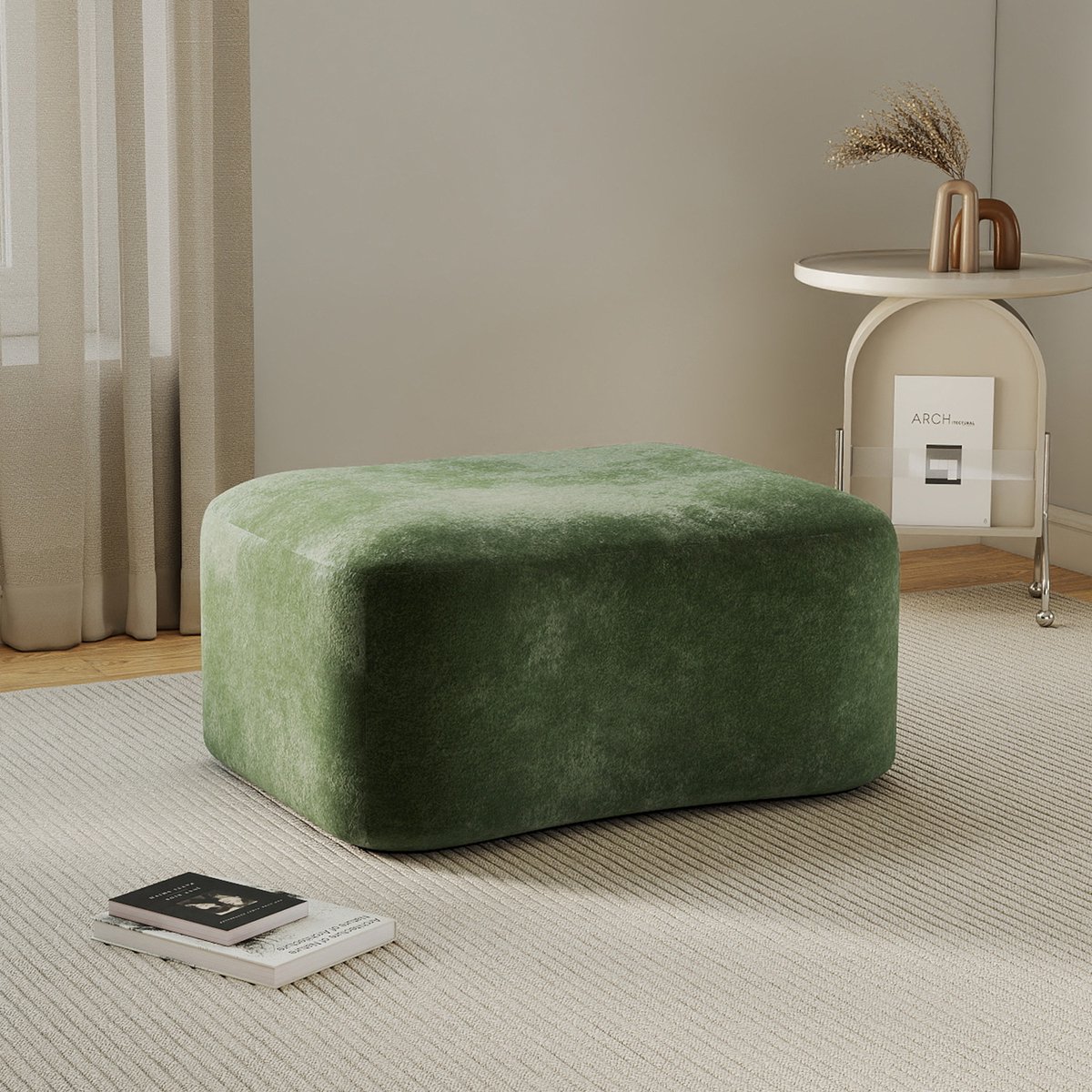 MIVRAY Voetenbankje – 96 x 69 x 45 cm – Zacht Gestoffeerd Fluweel – Groen – Voor Binnen Als Ottoman Of Extra Zitplaats