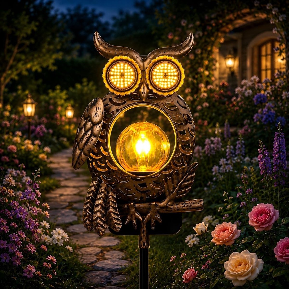 SnelShoppen - Solar Tuinverlichting Uil Decoratie - IP65 Waterdicht - Dynamisch Oogverlichting voor Buiten - Sfeervolle LED Lichten voor Tuin, Patio,