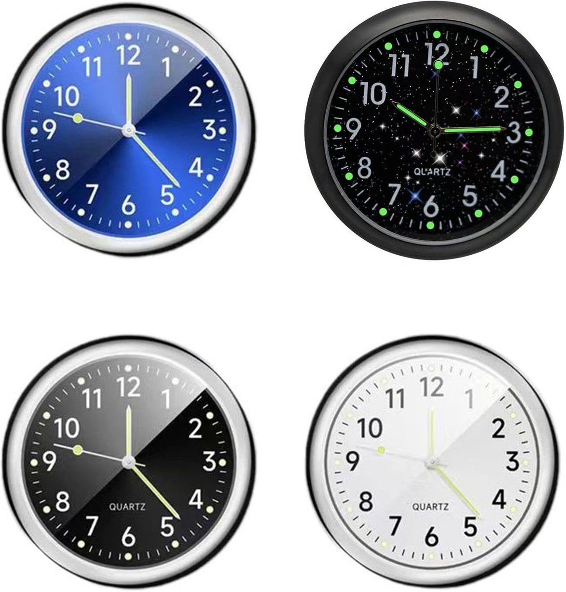 SnelShoppen - 4 Stuks Auto Klok met Dubbelzijdige Tape, Mini Quartz Horloge, Metaal Klok, Auto Accessoires, Zwart, Wit, Blauw, 4x4cm