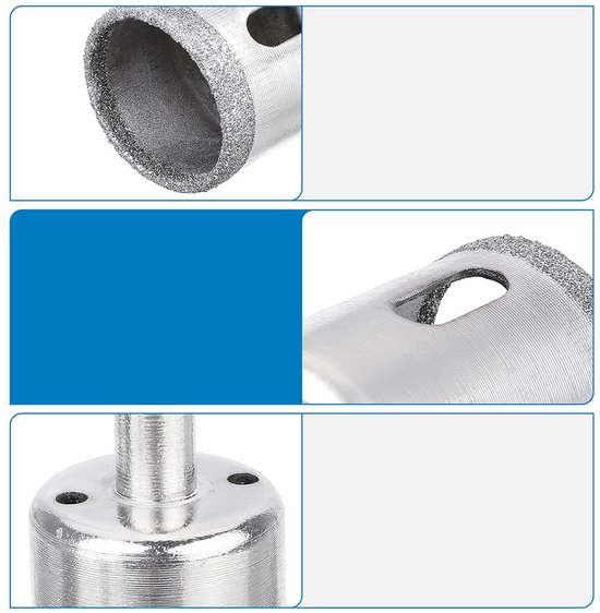 Detailopname van een diamantboor met schitterende rand en zilverkleurige cilindervormige schacht.