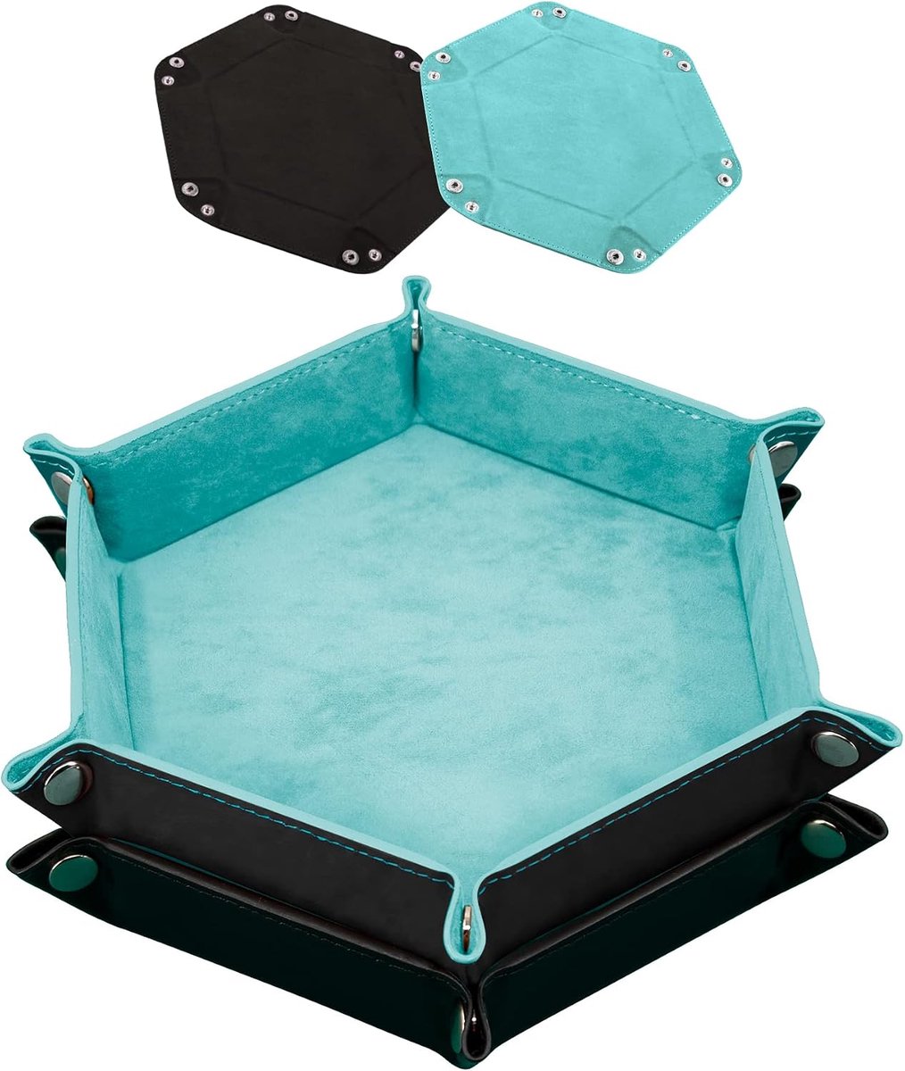 SnelShoppen - 2x Hexagonale Dobbelsteen Tray - Vouwbare Tray met PU Leer en Fluwelen Voering - Lichtblauw en Zwart - Perfect voor DND, RPG en Tafelspe