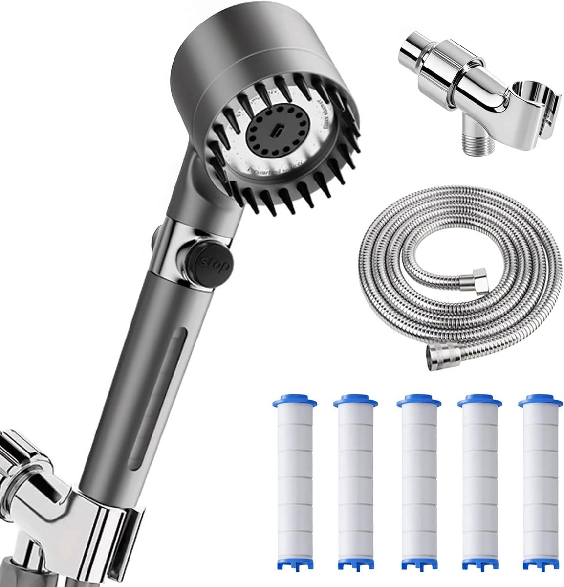 SnelShoppen - Handdouche met Filter, Hoge Druk Douchekop met Slang, 4 Sprayfuncties, Waterbesparend met Filtratie, Douchekop met Stopfunctie, Energieb