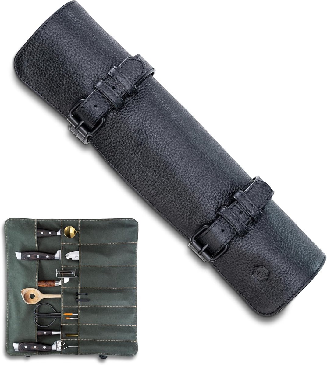 SnelShoppen - Luxe Leerensnijder Tas voor Koks | 14-Vaks Kookgerei Roll voor Chef Messen - Dubbele Tas 40 x 38 cm - Zwart, Hoogwaardige Buffalo Leer,