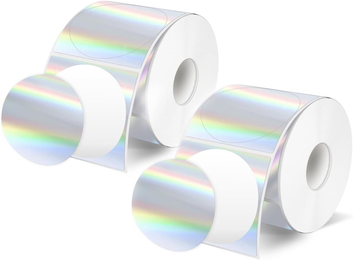 SnelShoppen - Holografische Zilver Thermische Labels, 300 Stuks, 50x50mm Ronde Stickers voor DIY Logo, QR Code en Naamlabel, Waterproof en Duurzaam