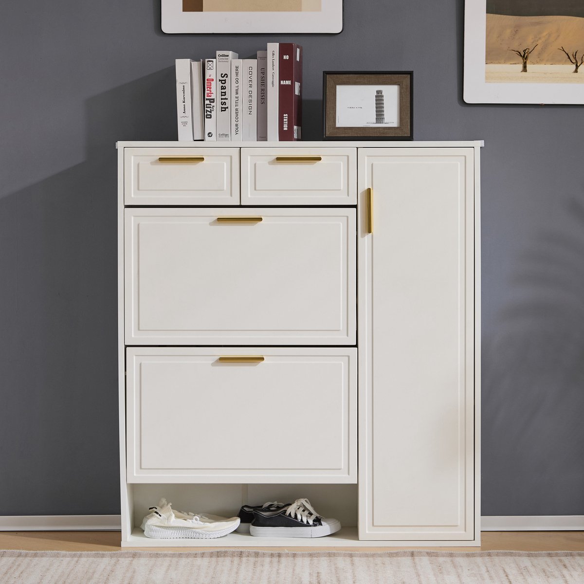 COVREO Schoenenkast 95x24x107,5 cm wit spaanplaat met 2 lades en verstelbare planken