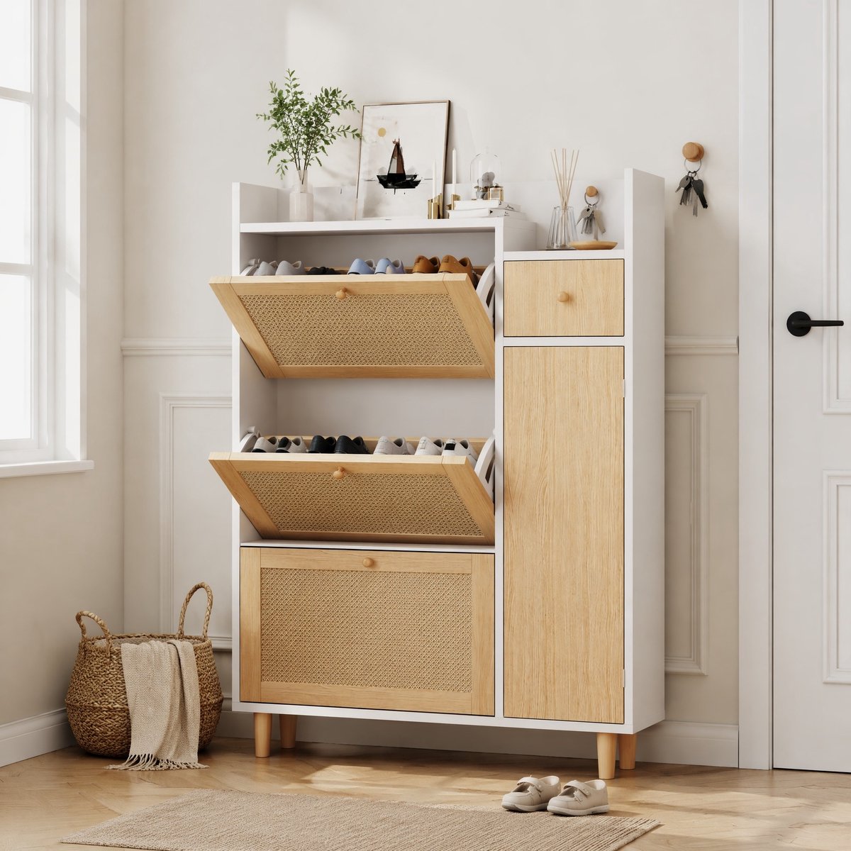 COVREO Schoenenkast 90x17x125 cm - wit en naturel, 3 kleppen en 1 lade