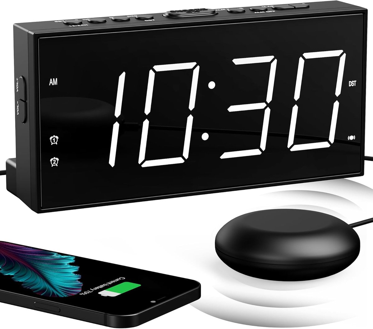 Thijox - Digitale wekker met luide trillingsfunctie, bedschudder, dubbel alarm, USB-oplader, groot display, eenvoudig instelbaar en dimbaar, ideaal vo