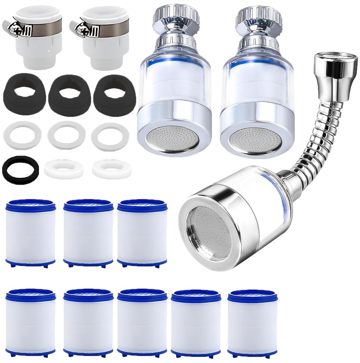 SnelShoppen - 3 Stuks Waterfilters voor Kraan, 360° Tapfilter met 8 Katoenen Filterelementen, Drinkwaterfilter voor Keuken, Badkamer en Sink, Gezond W