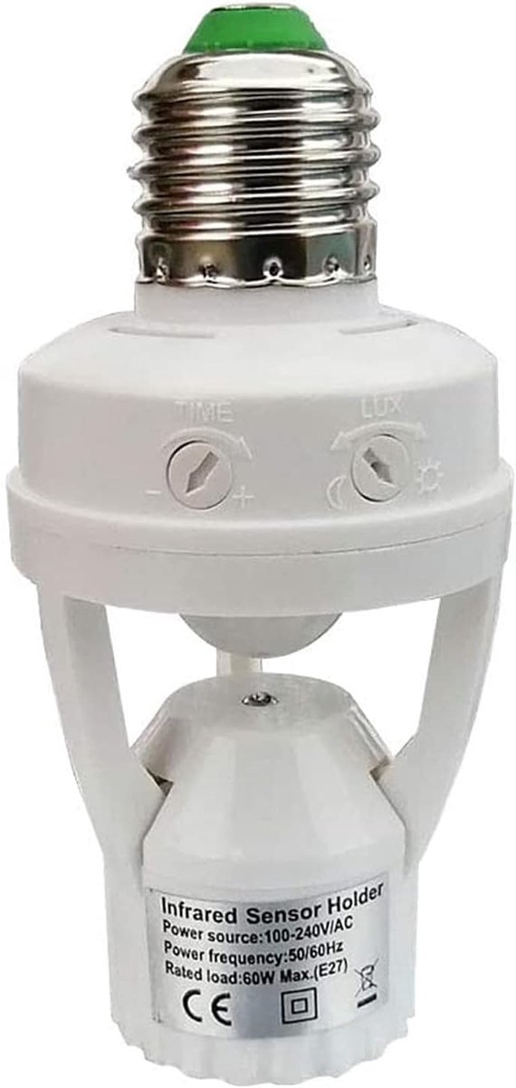 SnelShoppen - E27 Lamp Fitting met PIR Bewegingssensor 360°, Tijdinstelling 10s-5min & Lichtsensor 3-2000 Lux, Ideaal voor Binnengebruik tot 60W