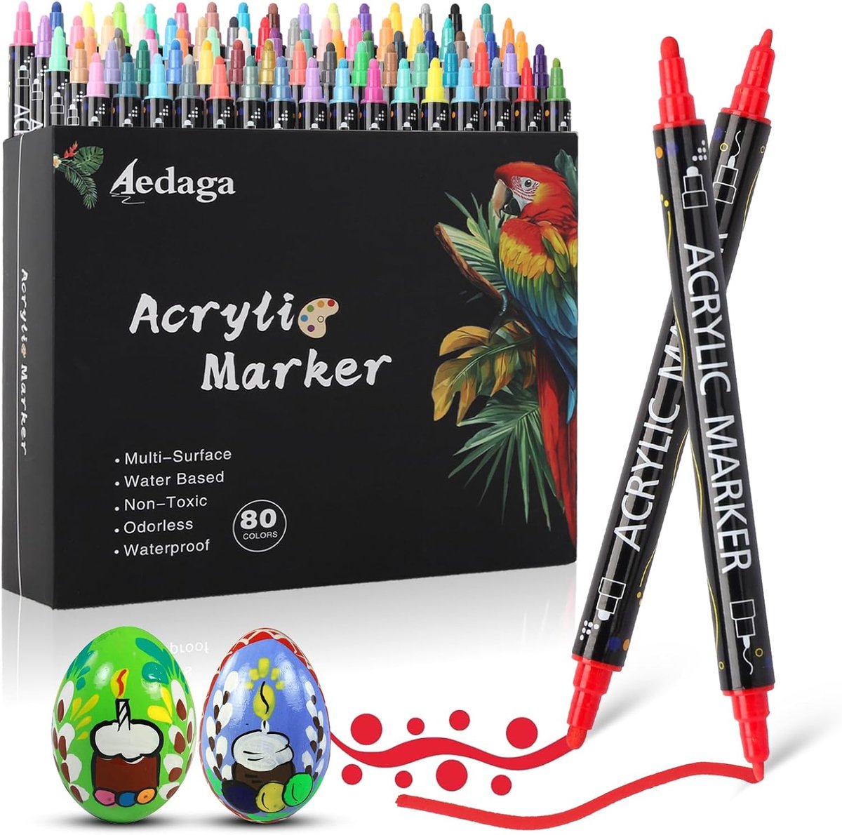 SnelShoppen - 80 Kleuren Acryl Stiften Set voor Steen, Waterdichte Acryl Markers met Dubbele Punt, Fine & Round Tip, Geschikt voor Kids & Volwassenen,