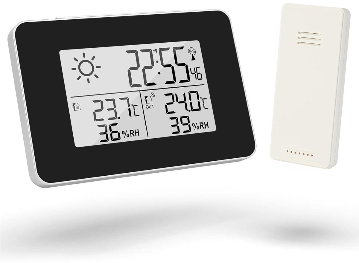 Thijox - Draadloze Weerstation met Buitensensor en Vochtigheidsmonitor - Weersvoorspelling, Tijd, Datum, Wekker, Snooze, Vriesalarm - Perfect voor Bin