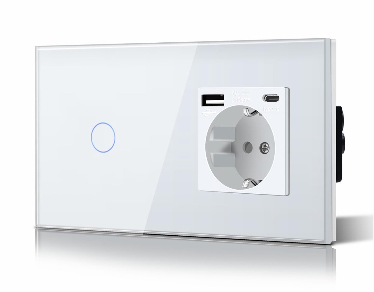 Thijox - BSEED Touch Schakelaar met Glazen Paneel, Inbouw Wandschakelaar met LED-Indicator, Eenvoudige Bedrading en USB C Stopcontact, 157MM, Wit