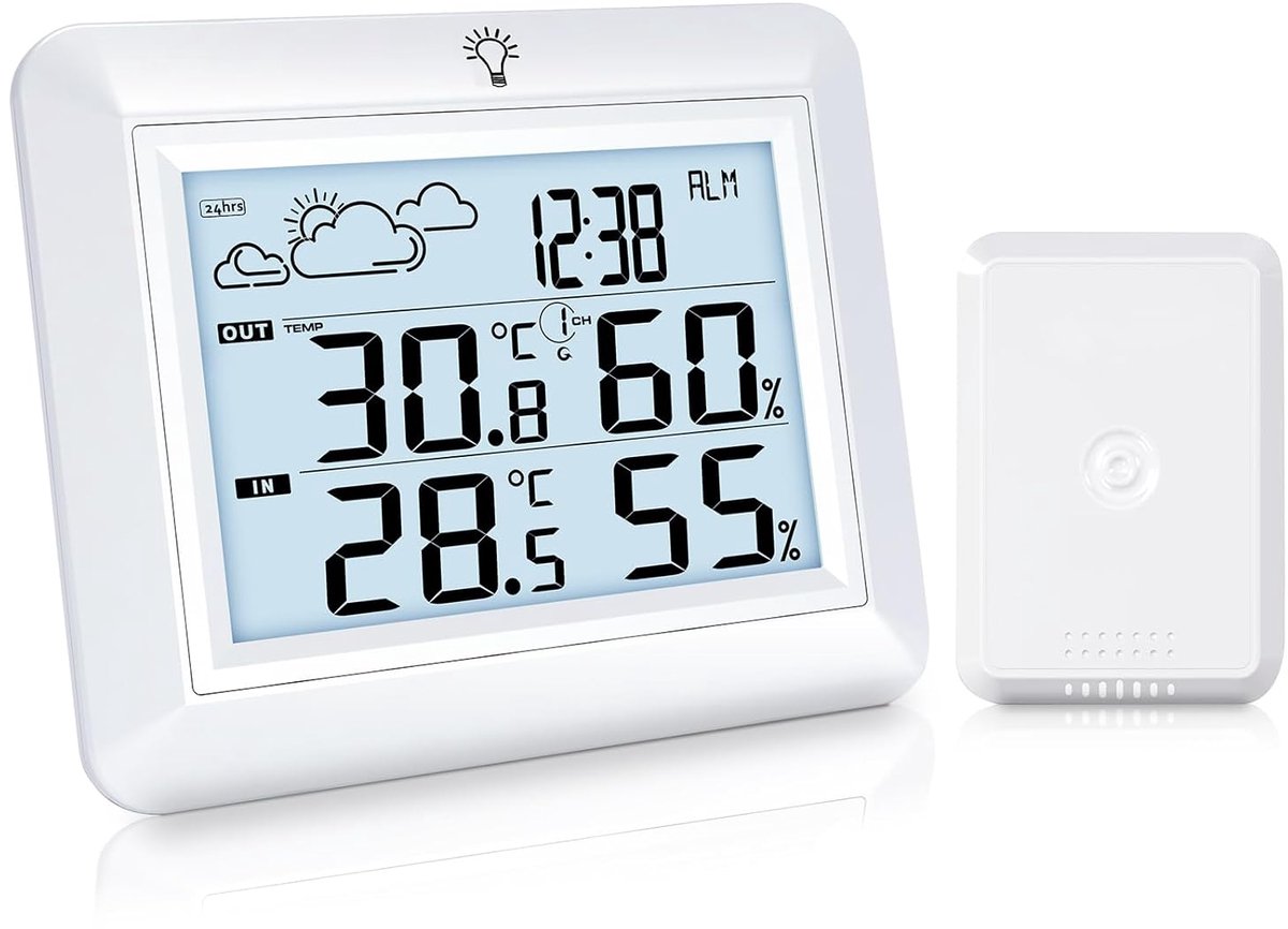 Thijox - Draadloze Weerstation met Buitensensor, Binnen- en Buitenthermometer, Weersvoorspelling, Hygrometer, Alarmtijden, MIN/MAX-opname, 100m Bereik