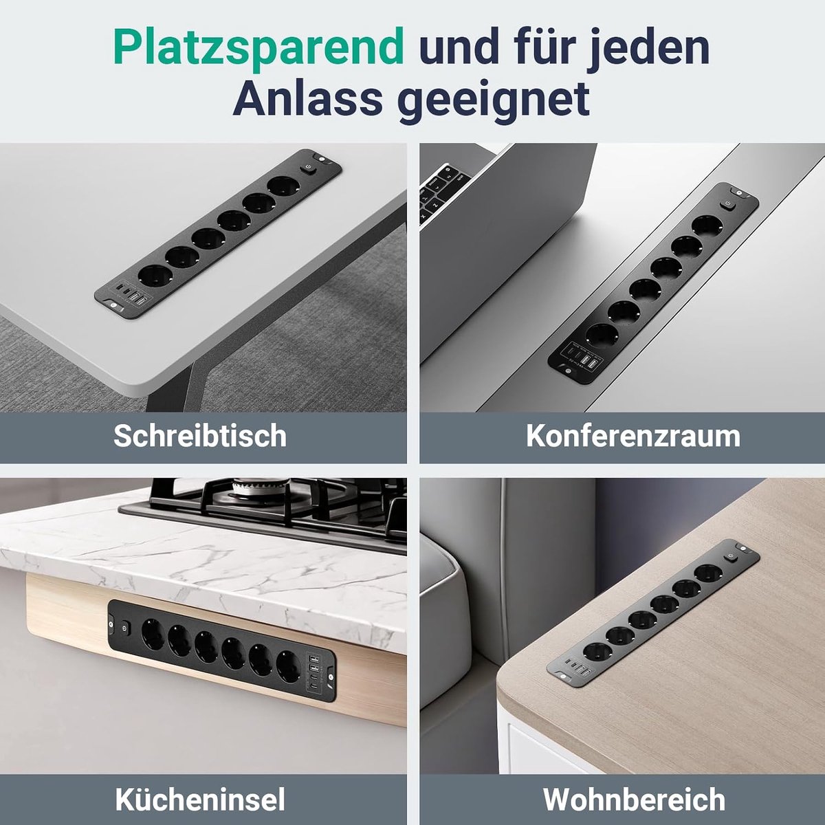 Thijox - Verzonken Inbouw Tafelstopcontact 6-voudige Stekkerdoos met Overspanningsbeveiliging, 4 USB (2x USB-C 20W PD + 2x USB-A), 4000W, 2m Kabel voo