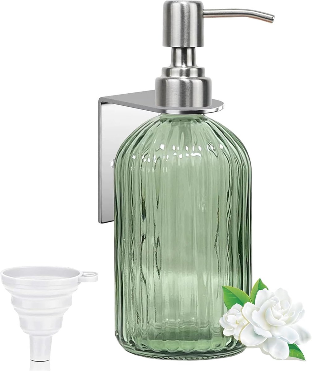 Thijox - Zeepdispenser van Glas met Wandbevestiging - Groene Handzeepdispenser met Roestvrijstalen Pomp - Navulbare Afwasmiddeldispenser Zonder Boren