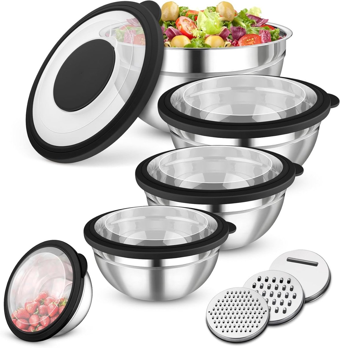Mixkom Set met Deksel en Raspaccessoires - 5-delige Zwarte Keukenmixkom voor Bereiden en Serveren