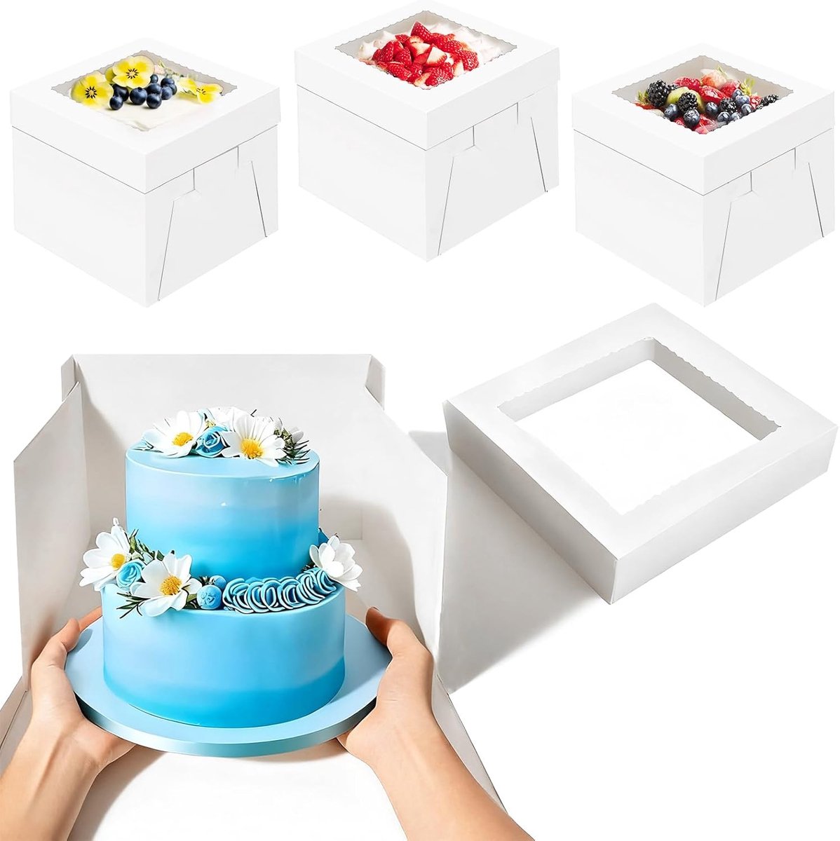 SnelShoppen - 3 Stuks Cake Transportdozen met Kijkvenster 20x20x20cm - Witte Cakebox voor Taart tot 20cm - Ideaal voor Feestjes, Verjaardagen en Cater